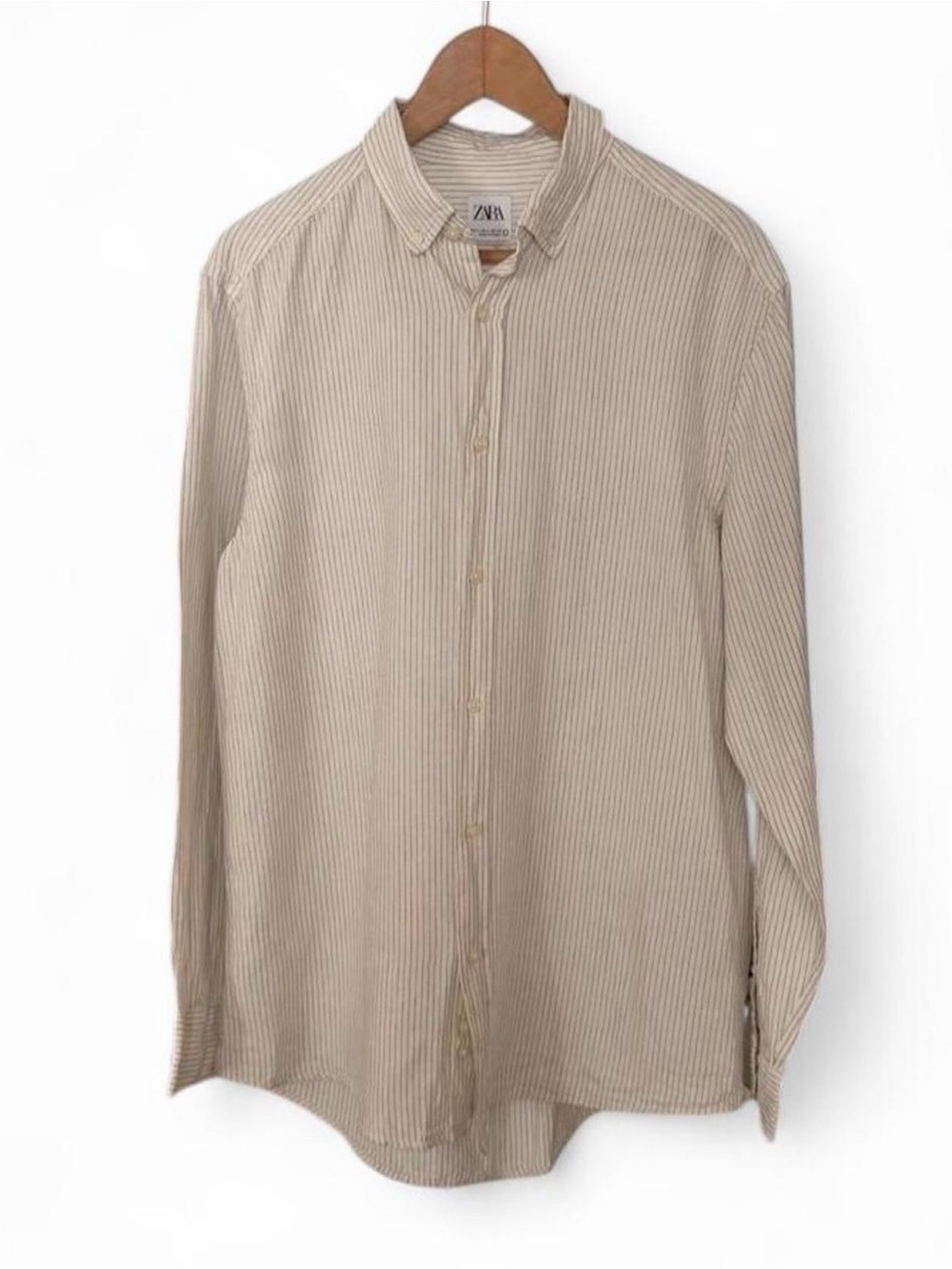 Zara Men’s Cream Linen Blend Relaxed Fit Pinstripe Button-Down Shirt L